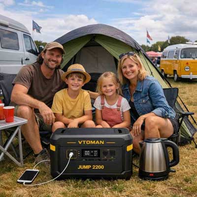 Family using a portable power station while camping